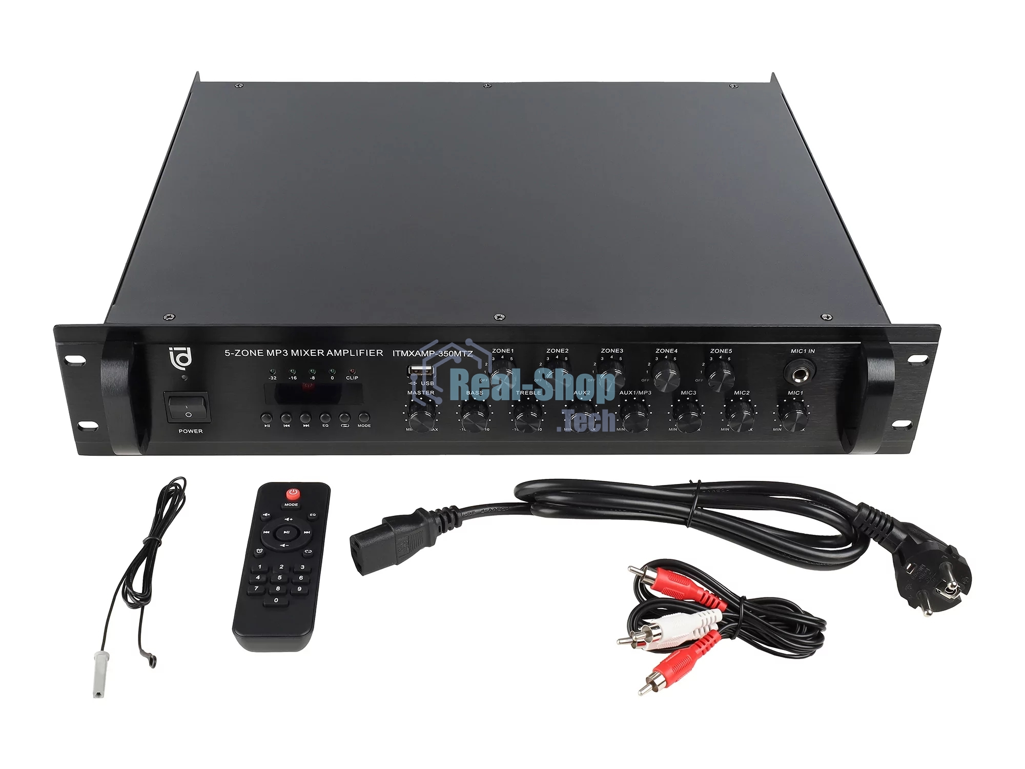 Микшер-усилитель Intrend ITMXAMP-350MTZ зональный, 5 зон. MP3, FM-тюнер, USB, Bluetooth, 3хMic/2хLine входы, 1хLine выход, 350 Вт, 4-16 Ом/100V, IR-пульт в комплекте