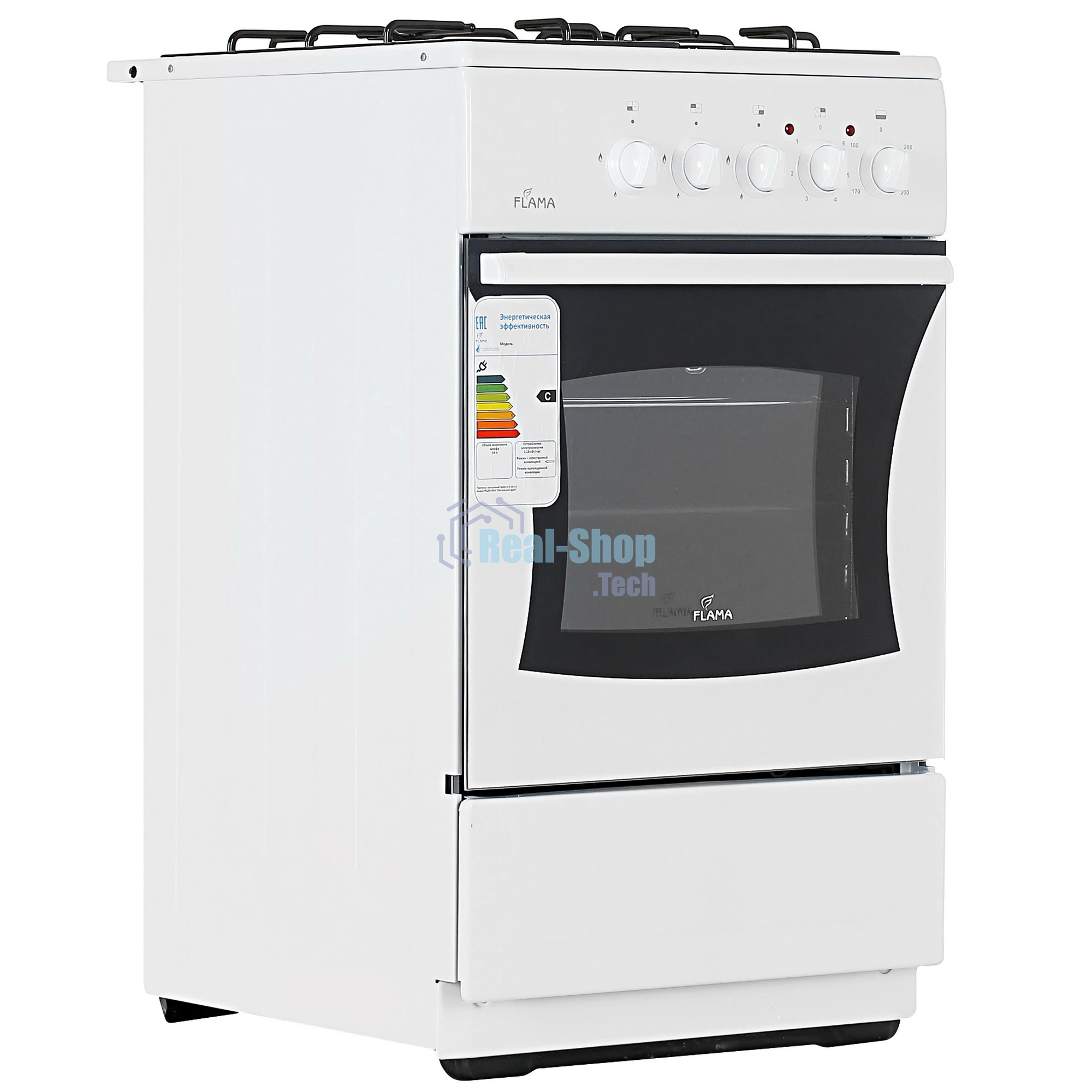 Плита комбинированная Flama RK 23-105 W белый, конфорок 4 шт, духовка 50 л, 50 см x 85 см x 60 см