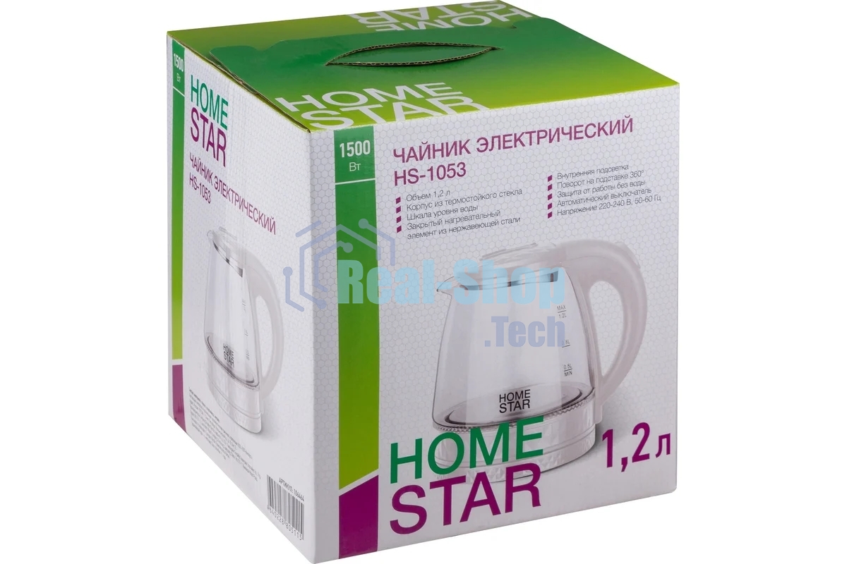 Чайник электрический Homestar HS-1053 1,2 л,стекло/пластик, белый (106464)