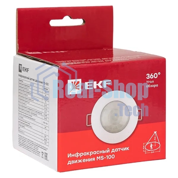 Датчик движения EKF dd-ms-100 (ИК) MS-100 (ДД) встраив. 1200 Вт 360 град. до 6 м IP20