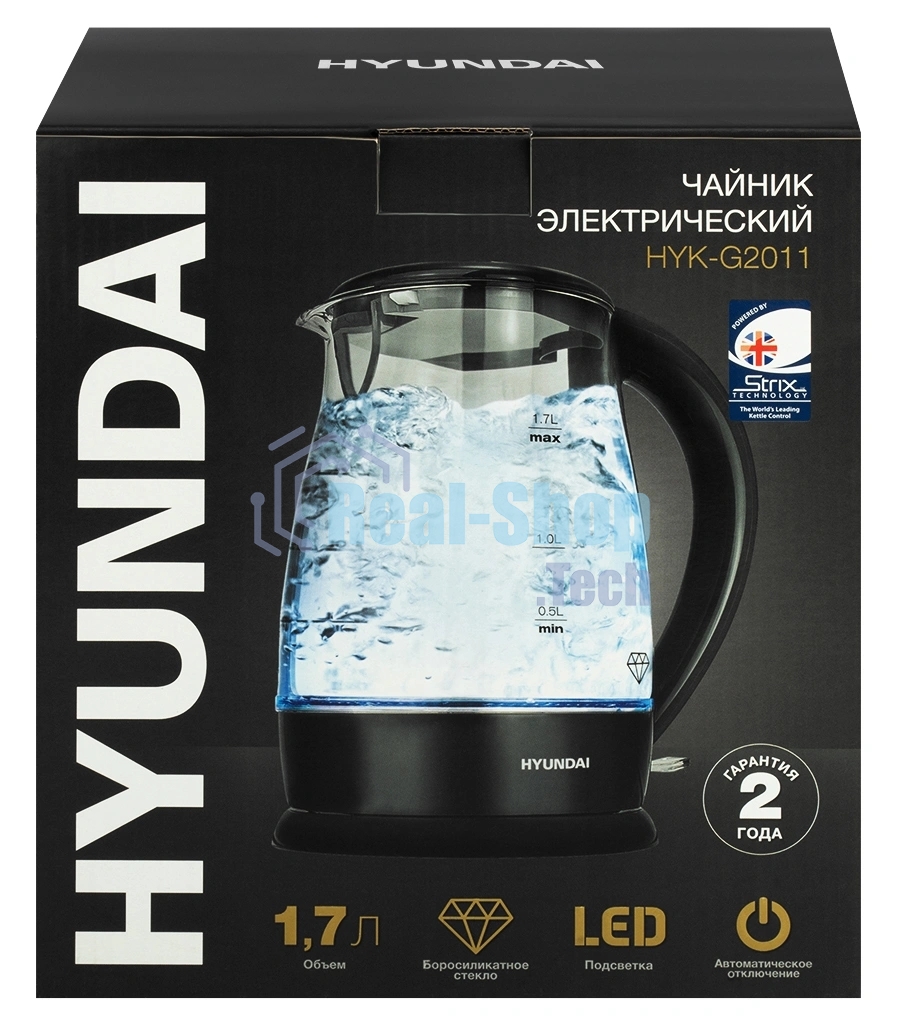 Чайник электрический Hyundai HYK-G2011 1.7л. 2200Вт черный (корпус: стекло)