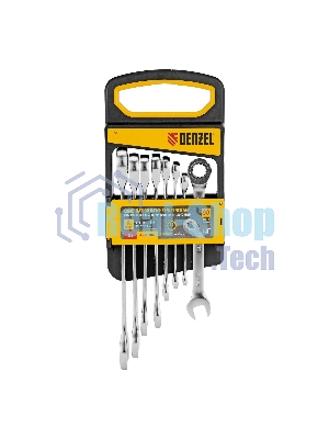Набор ключей комбинированных трещоточных Denzel 6-19 мм, 8 шт., CrV, матовый хром