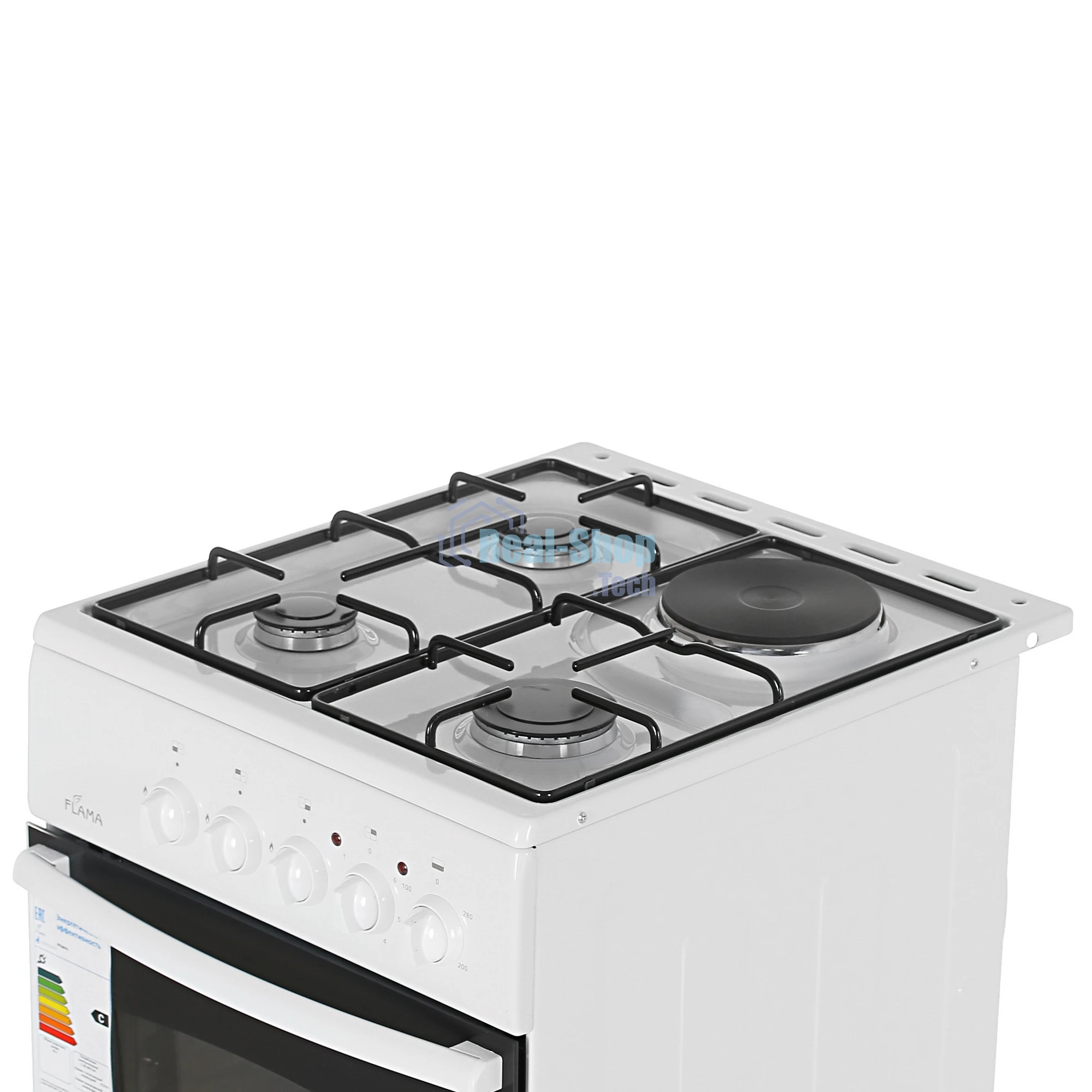 Плита комбинированная Flama RK 23-105 W белый, конфорок 4 шт, духовка 50 л, 50 см x 85 см x 60 см