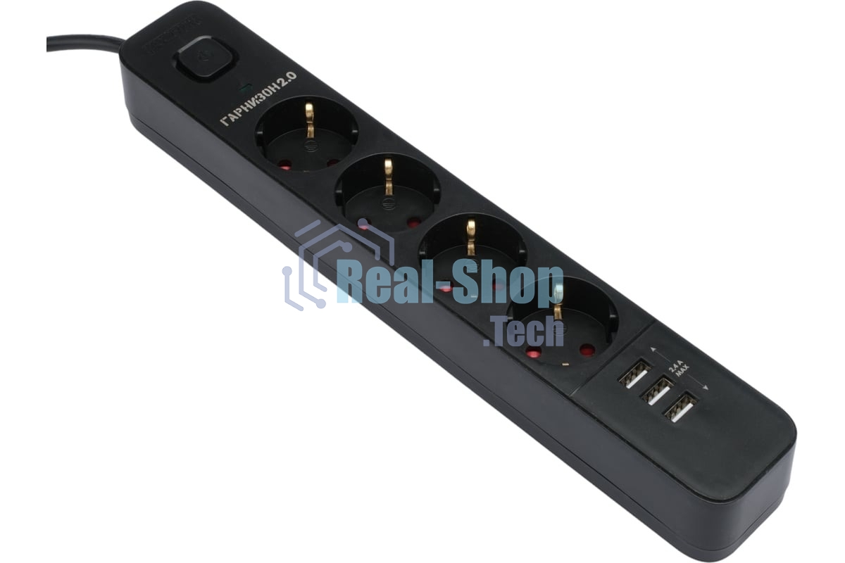 Сетевой фильтр Гарнизон 2.0 Мультипорт EPS-4-U3-B-2, 4 р, 10А, 3xUSB, 2 м, ур.защиты 2+, черный, пакет