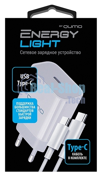 Сетевое зарядное устройство Qumo Energy light PD 20Вт, (модель 0105), USB Type-C PD, + кабель 1м. Type-C на Type-C, белый