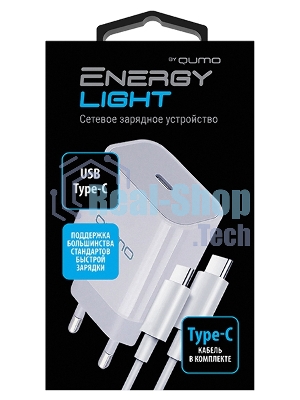 Сетевое зарядное устройство Qumo Energy light PD 20Вт, (модель 0105), USB Type-C PD, + кабель 1м. Type-C на Type-C, белый