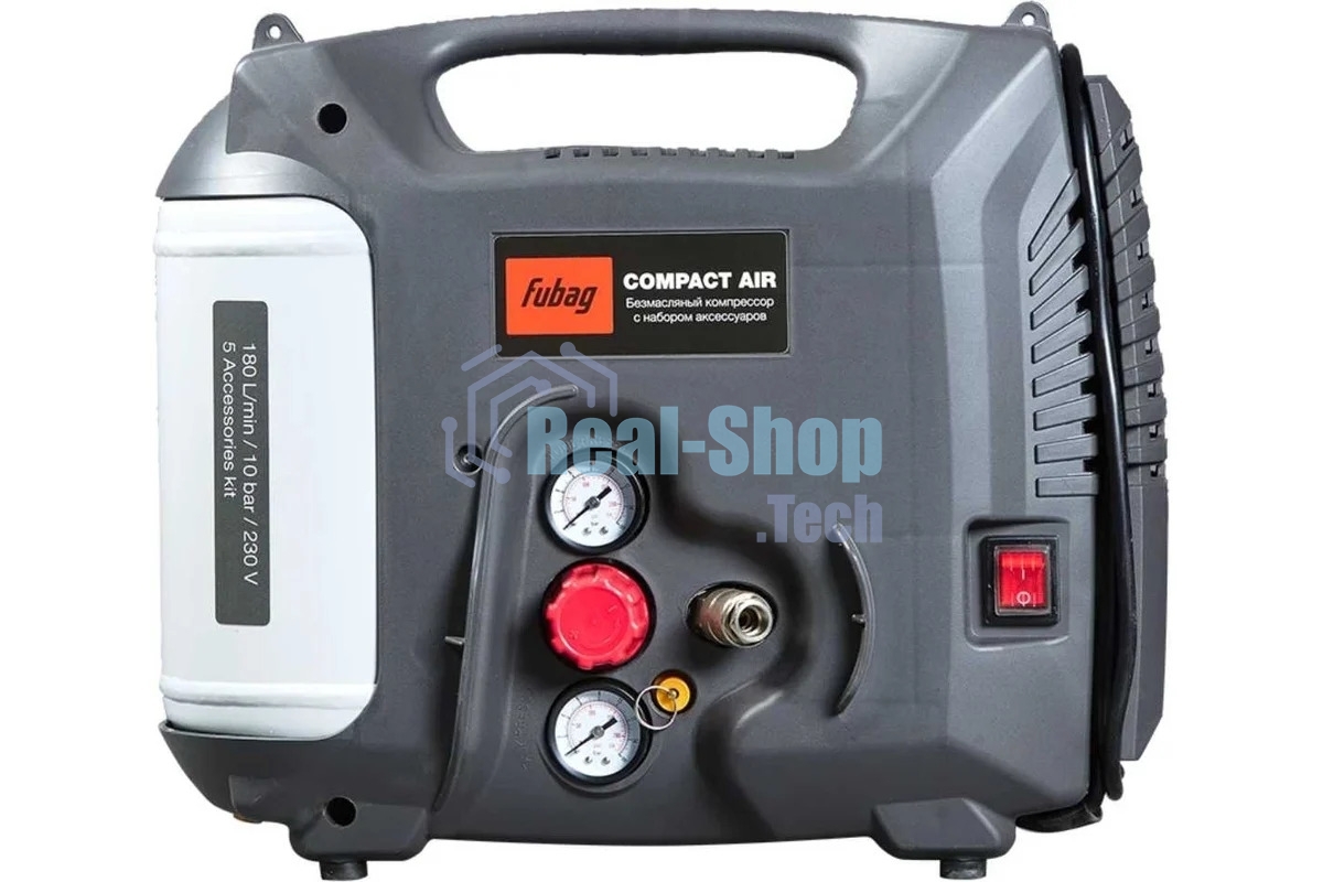 Компрессор FUBAG COMPACT AIR 6412320 ( Ресивер 5 л, Произв-сть 180 л/мин, Давление 10 бар, Мощность 1300 Вт, Напряжение 230/50 В/Гц, Вес 8.4 кг )