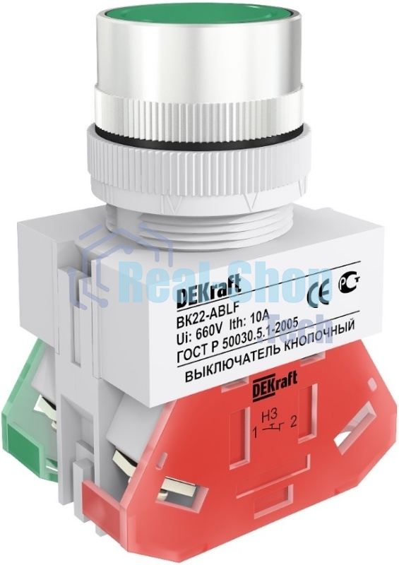 Выключатель кнопочный DEKraft ABLF 22 мм ЗЕЛЕНЫЙ 220В ВK-22