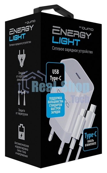 Сетевое зарядное устройство Qumo Energy light PD 20Вт, (модель 0105), USB Type-C PD, + кабель 1м. Type-C на Type-C, белый