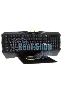 Игровой комплект Qumo Solaris, клавиатурапроводная K03, 104 клавиши, встроенная радужная подсветка, мышь проводная M10, оптическая, 800/1200/1600/2200 dpi, коврик