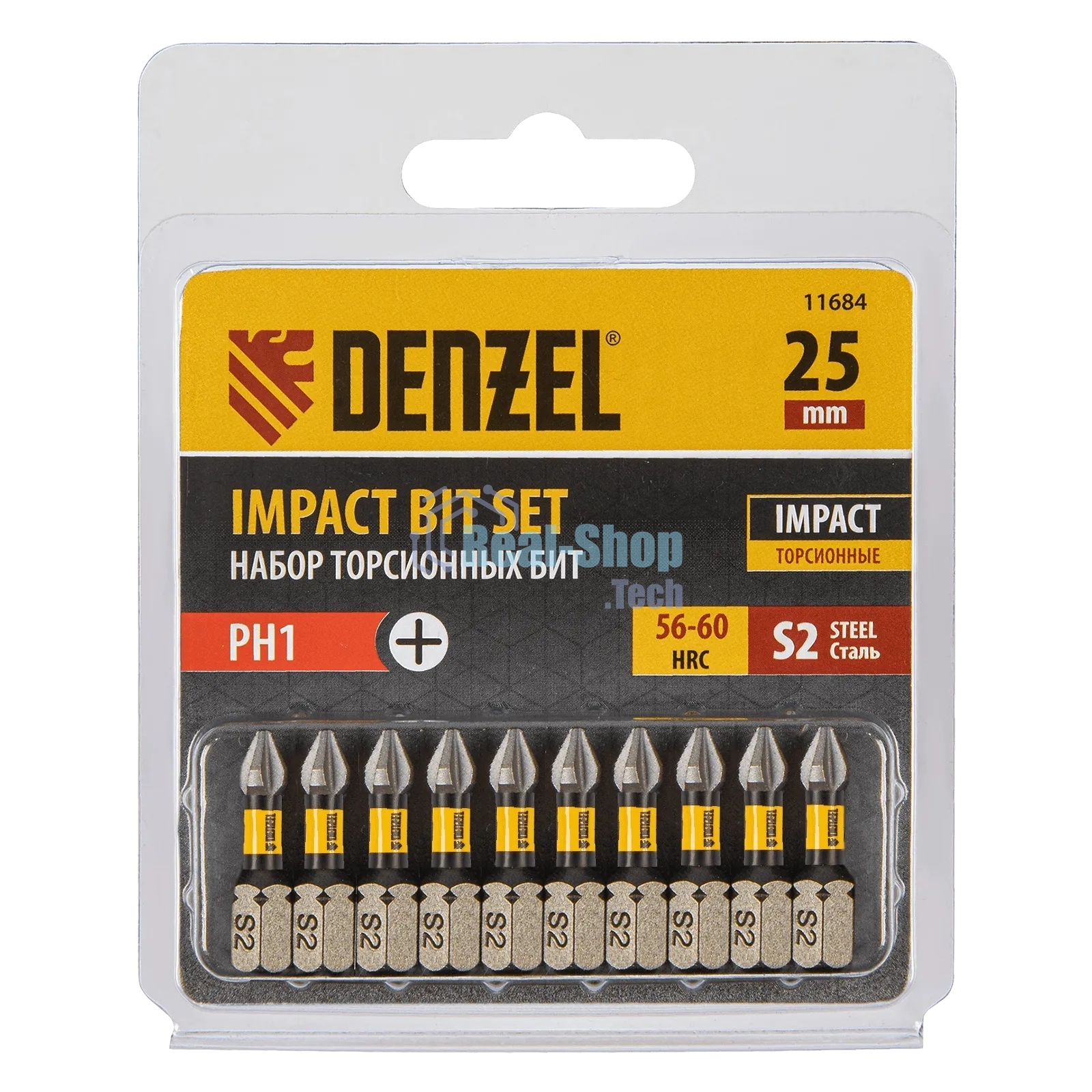 Набор бит торсионных Denzel PH1x25 мм, лазерная обработка шлица, сталь S2, 10 шт.