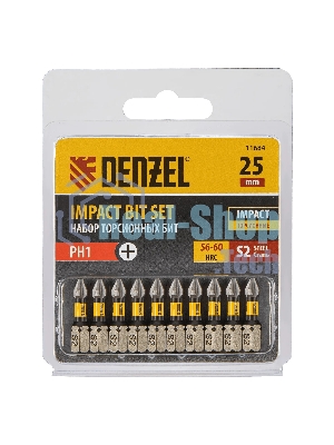 Набор бит торсионных Denzel PH1x25 мм, лазерная обработка шлица, сталь S2, 10 шт.