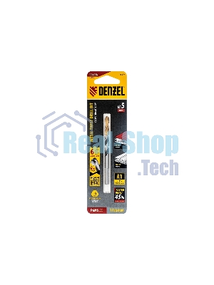 Сверло спиральное по металлу Denzel 5 x 86мм, Р6М5, Golden Tip, многогранная заточка