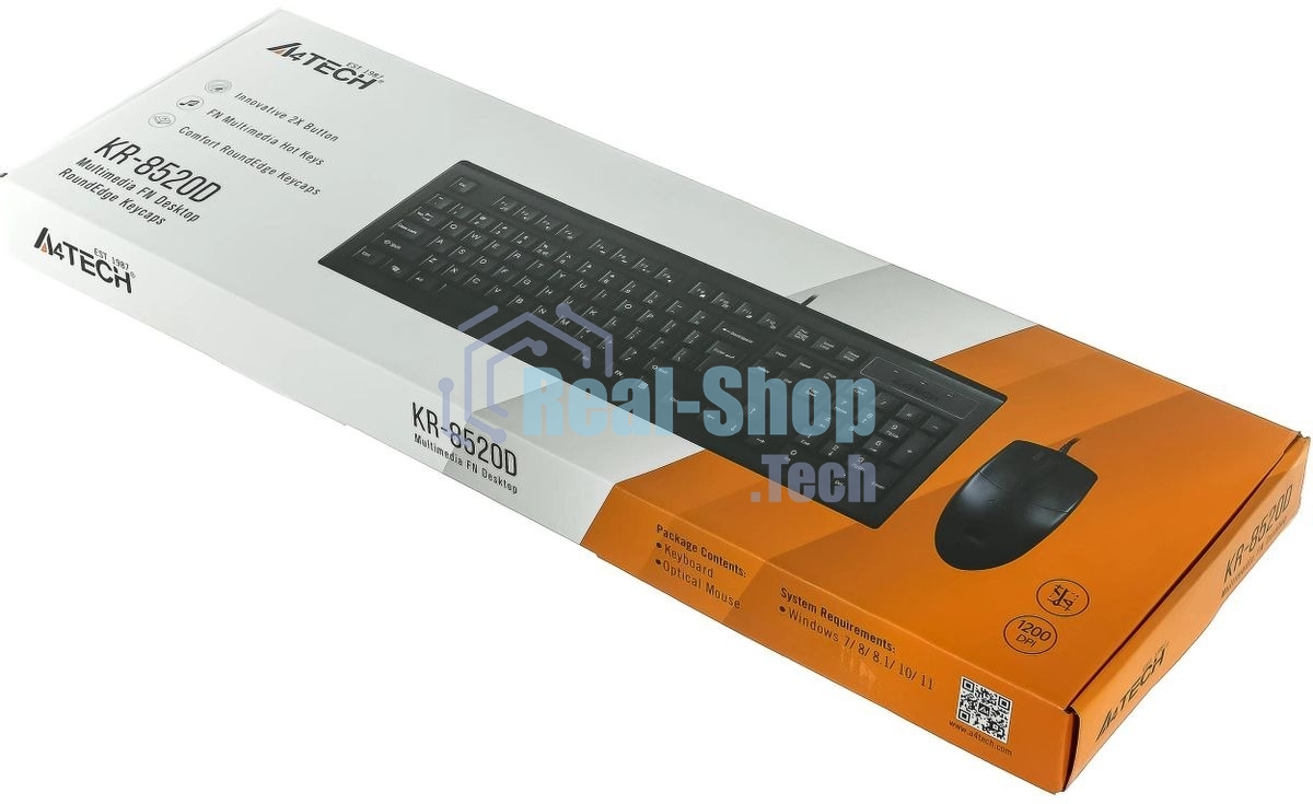 Комплект клавиатура+мышь A4Tech KR-8520D проводной, USB, 1200 DPI, чёрный