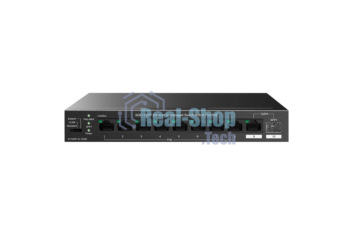Коммутатор неуправляемый Tenda TEG1110PF-8-120W PoE, 10 портов, 9x1 Гбит/с, SFP 1х1 Гбит/с, PoE 8х30 Вт (до 102 Вт)