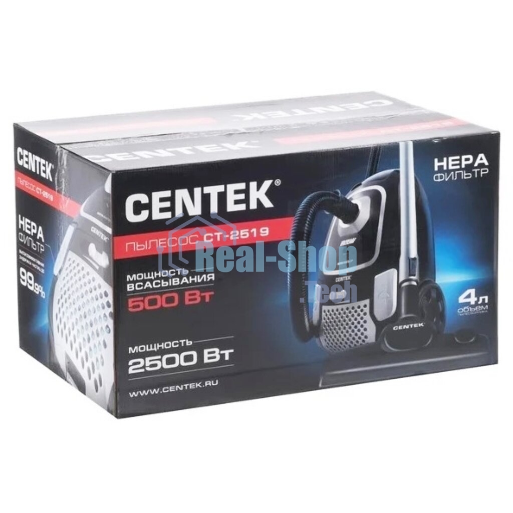 Пылесос Centek CT-2519 черный/хром, 500/2500 Вт, уборка сухая, пылесборник мешок, 4 л