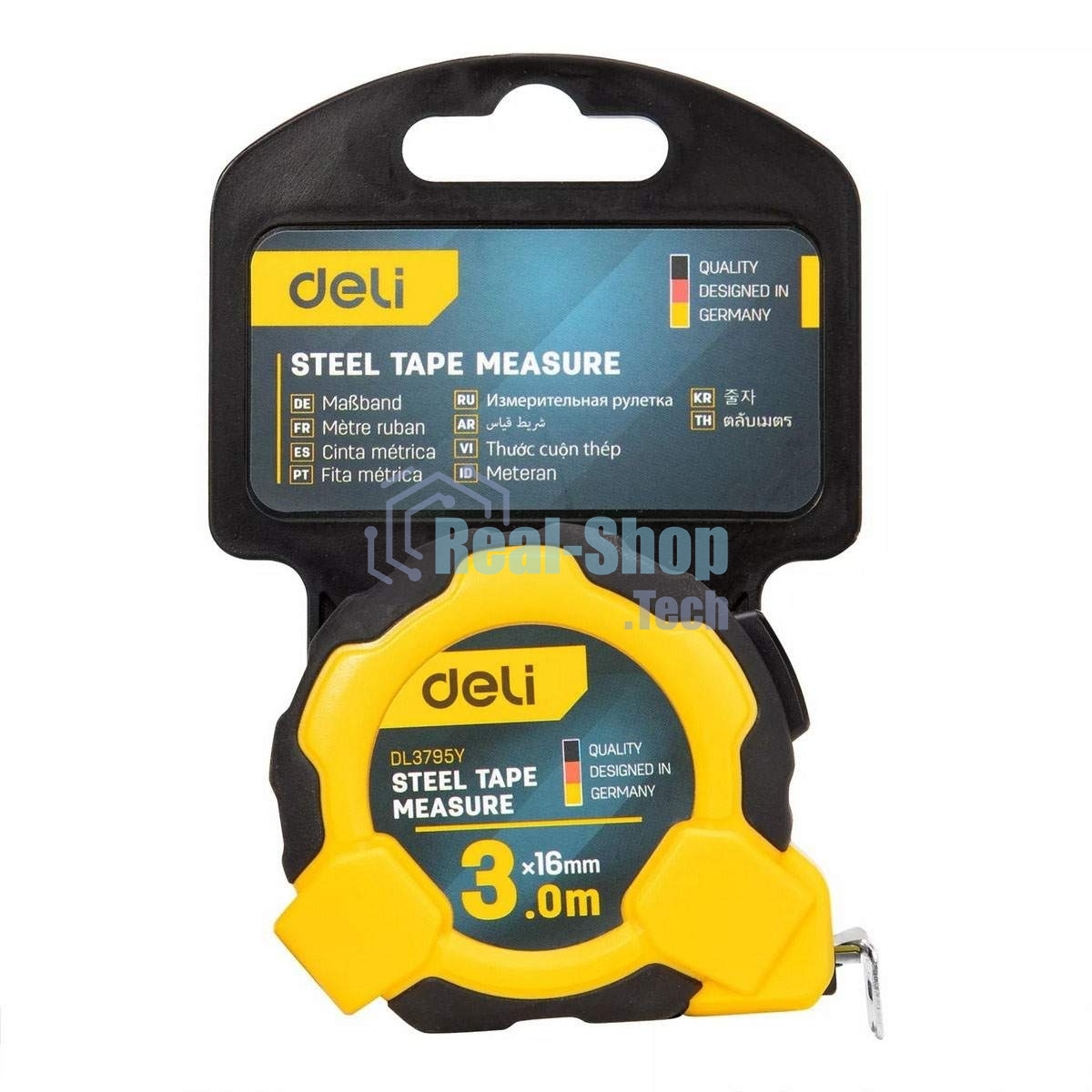 Рулетка Deli DL3795 3мx16мм, Автостоп, ударопрочный корпус, метрическая