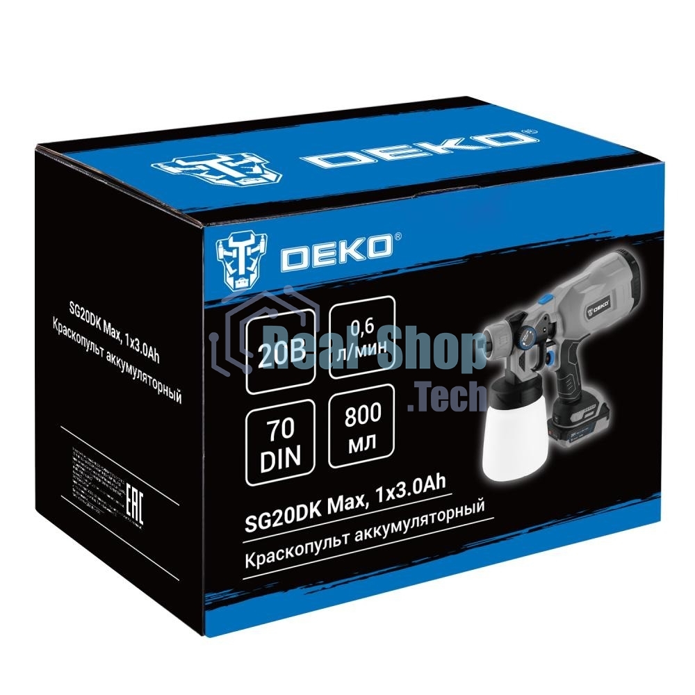 Краскопульт электрический аккумуляторный DEKO SG20DK Max, 20В, 800 мл, 1x3.0А·ч 083-1135