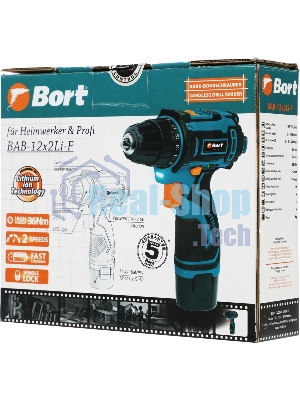 Дрель-шуруповерт Bort BAB-12x2Li-F, 12 В, 1,5 Ач, 36 Нм, щеточный