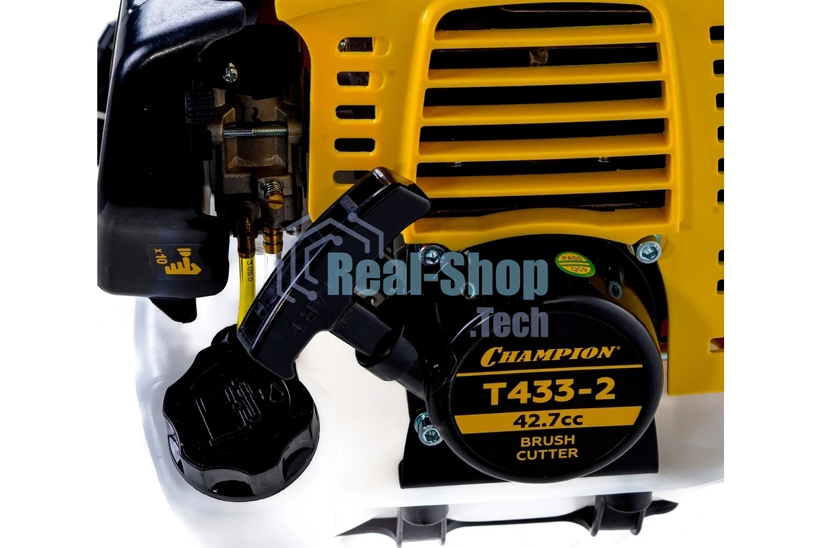 Триммер бензиновый Champion T433-2 переносной 2х тактный двигатель, 43 см³, 1.7 л.с. ширина скашивания: 40 см в комплекте: леска (3 мм), нож, плечевой ремень вес: 8.3 кг бак на 0.95 л прямая штанга уровень шума 102 дБ