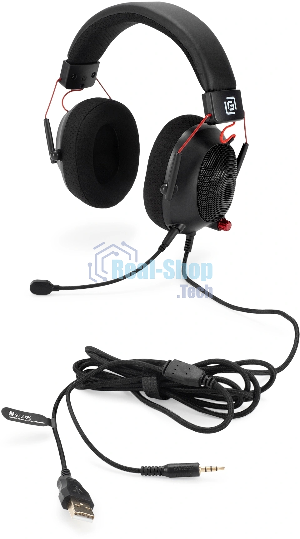 Наушники с микрофоном Оклик HS-L305G черный/красный 2м мониторные оголовье (2060511)