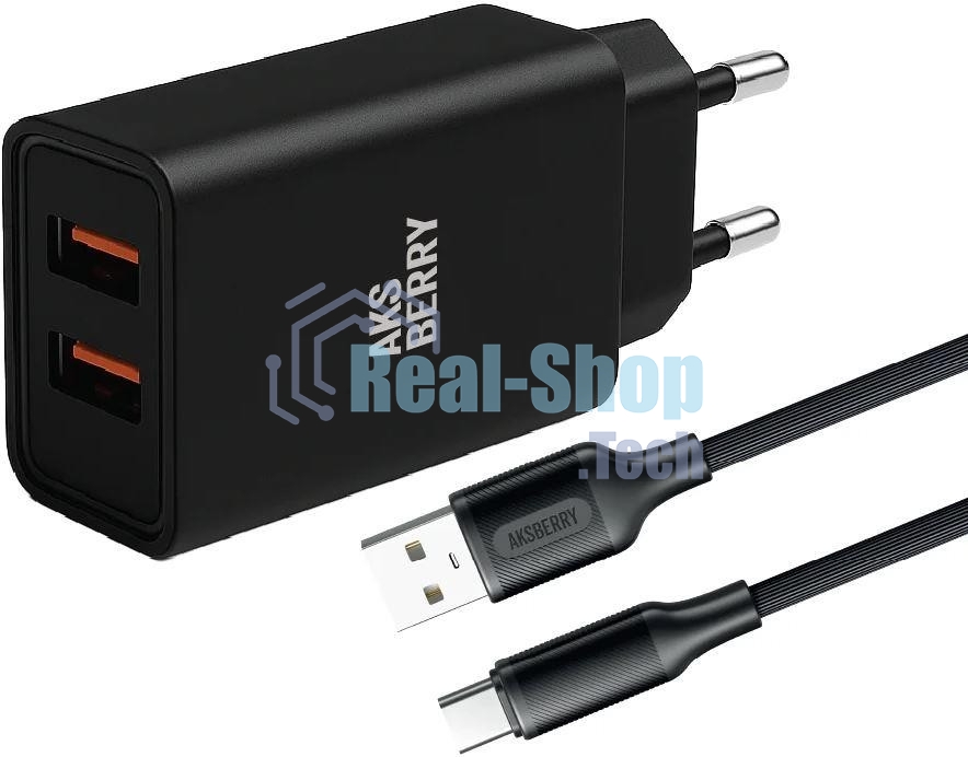 Сетевое зарядное устройство AKSBERRY (6900209230014) T38 2 USB 2.4A + кабель Type C, черный