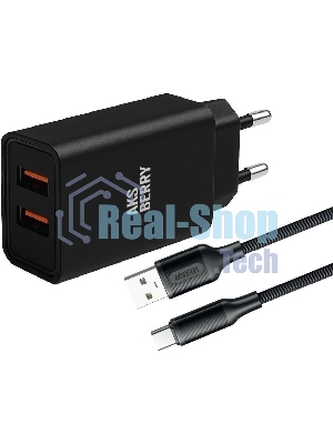 Сетевое зарядное устройство AKSBERRY (6900209230014) T38 2 USB 2.4A + кабель Type C, черный