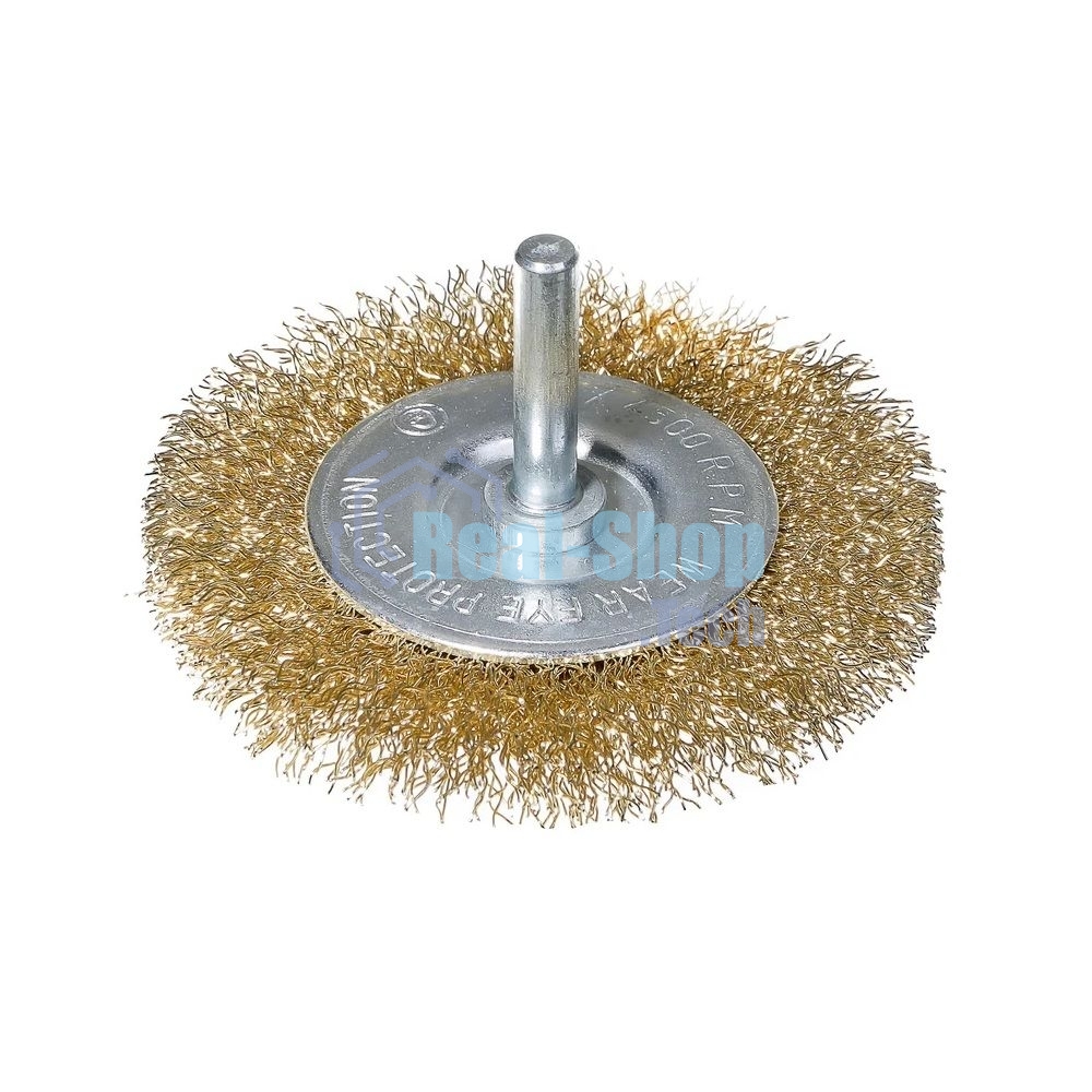 Оснастка Deli Щетка дисковая прямая для дрели DH-GSS100-E4 100мм, латунированная, толщина проволоки 0,3мм, хвостовик 6мм, макс. 4500 об/мин