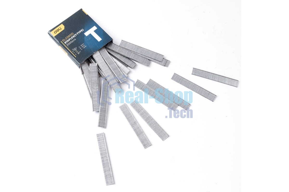 Набор скоб для степлера (Тип T) Deli DL238010 (10 х 2 х 1,2мм x 2000 шт) нержавеющая сталь.