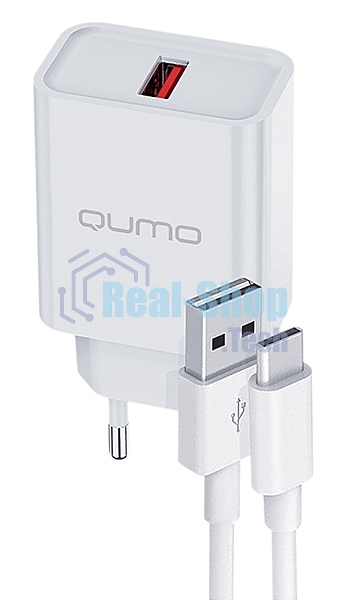 Сетевое зарядное устройство Qumo Energy light 18Вт, (модель 0107), порт: USB-A, + кабель 1м. USB-A на USB Type-C, белый