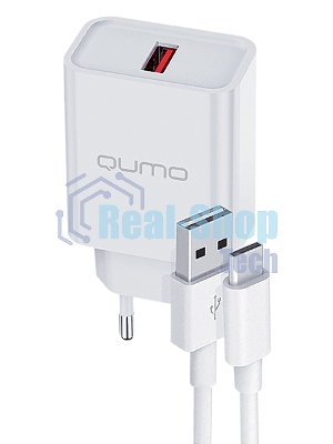 Сетевое зарядное устройство Qumo Energy light 18Вт, (модель 0107), порт: USB-A, + кабель 1м. USB-A на USB Type-C, белый