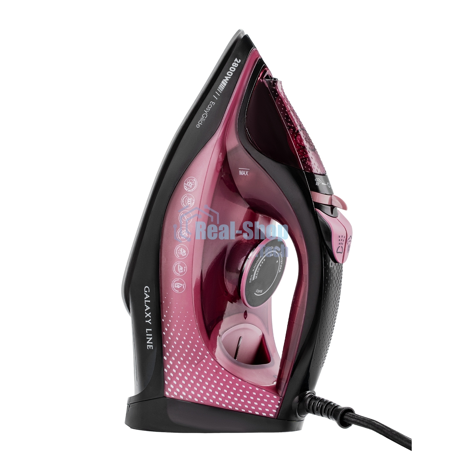 Утюг Galaxy Line GL 6132, розовый с черным, паровой, 2800 Вт, керамическое покрытие EasyGlide, функции: самоочистка, антикапля, антинакипь, указатель максимального уровня воды, индикатор нагрева, вертикальное отпаривание, паровой удар, регулировка подачи 