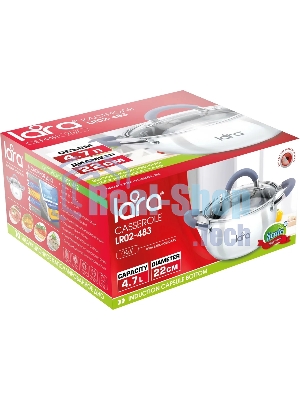 Кастрюля LARA LR02-483 BELL 22x12,5 см, 4,7 л, нержавеющая сталь 316L (хром/никель/молибден), индукционное дно, силиконовая ручка, стеклянная крышка