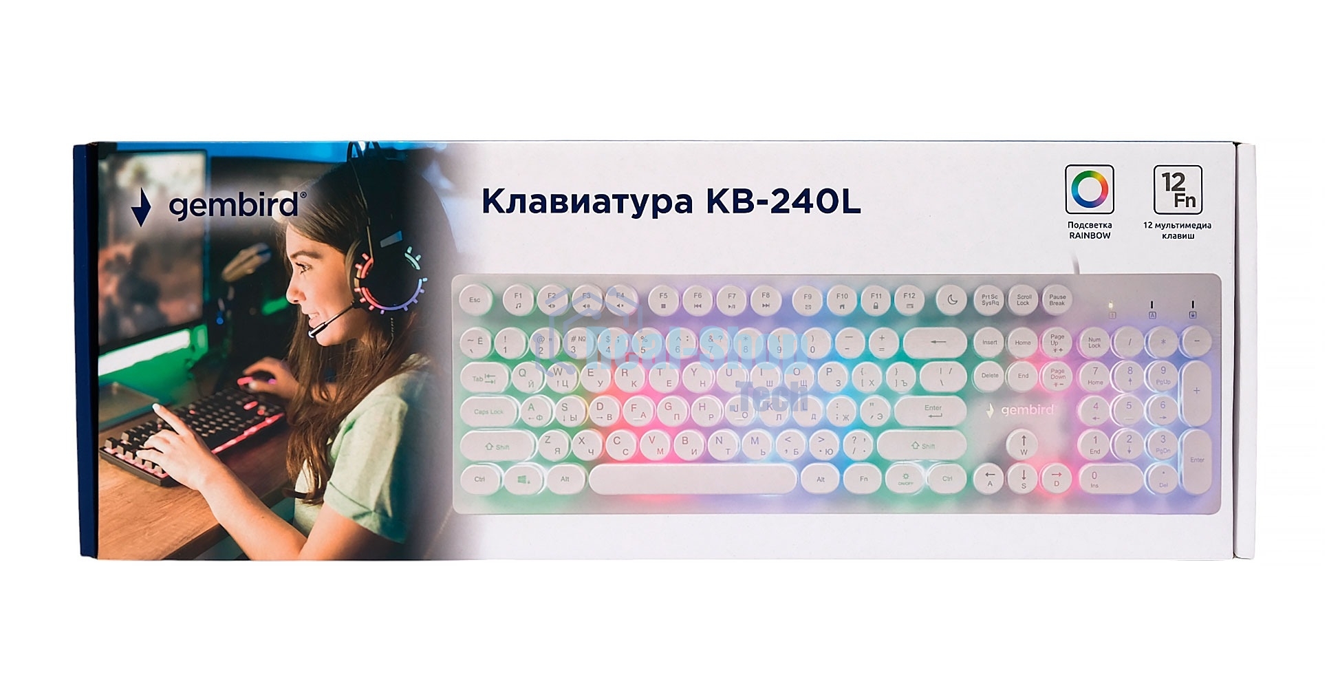 Проводная игровая клавиатура Gembird KB-240L-W, полноразмерная, 104кл, 12Fn, Rainbow, круглые клавиши, 1.6м, белая