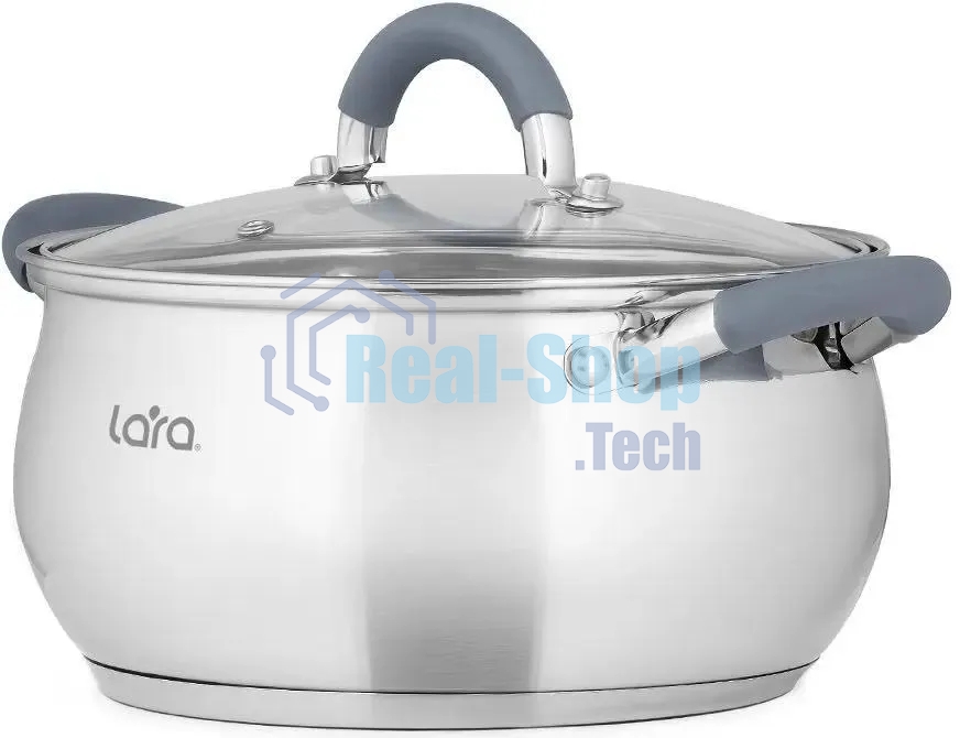 Кастрюля LARA LR02-483 BELL 22x12,5 см, 4,7 л, нержавеющая сталь 316L (хром/никель/молибден), индукционное дно, силиконовая ручка, стеклянная крышка