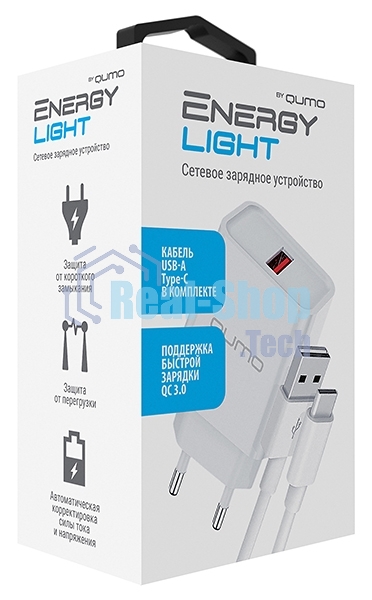 Сетевое зарядное устройство Qumo Energy light 18Вт, (модель 0107), порт: USB-A, + кабель 1м. USB-A на USB Type-C, белый