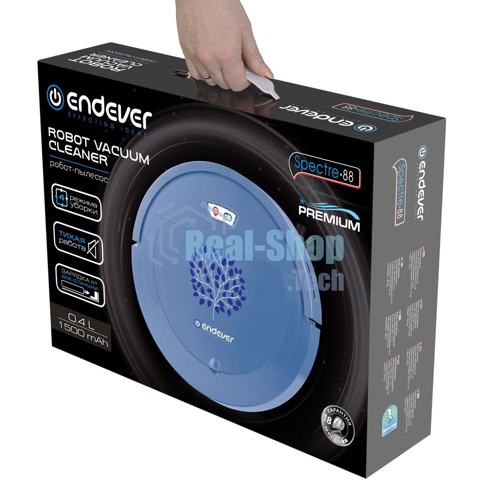Робот-пылесос Endever Spectre-88 голубой, 1500 мА/ч Li-ion, уборка сухая/влажная, пылесборник контейнер 0.4 л