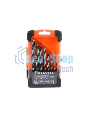 Набор сверл по дереву PATRIOT спиральные, W-образная заточка, 8 шт: 3, 4, 5, 6, 7, 8, 9, 10 мм, в пластиковом боксе