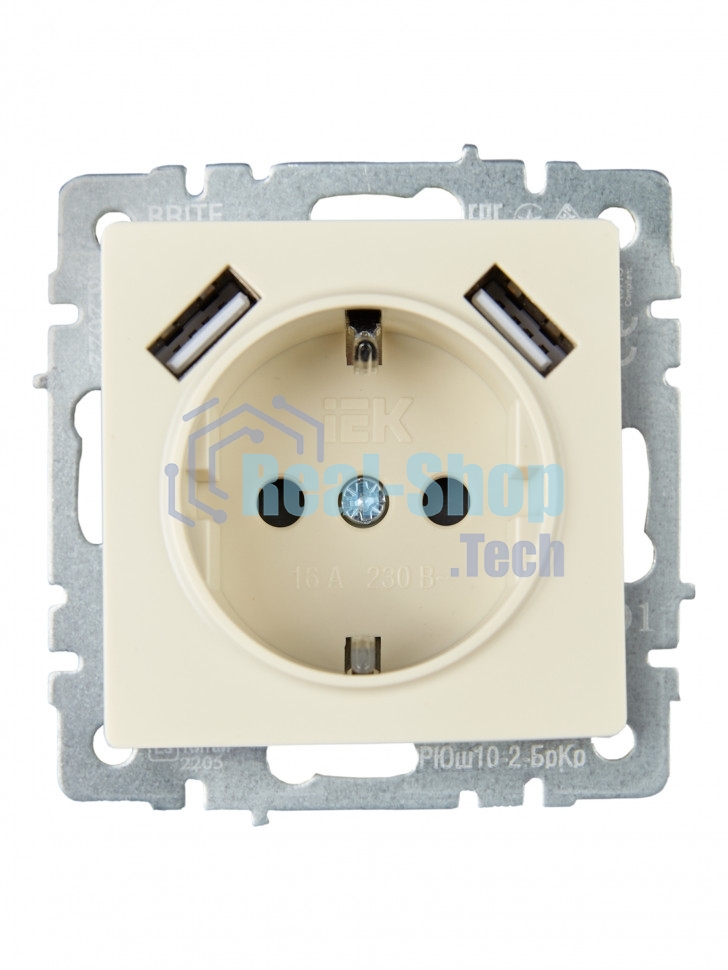 Розетка 1-местная IEK BRITE РЮш10-2-БрКр (BR-R14-16-U21-D31-K10) с заземлением, с защитными шторками, 16А, с USB A+A 5В 3,1А, бежевый