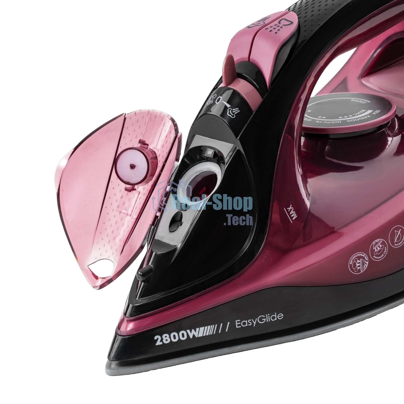 Утюг Galaxy Line GL 6132, розовый с черным, паровой, 2800 Вт, керамическое покрытие EasyGlide, функции: самоочистка, антикапля, антинакипь, указатель максимального уровня воды, индикатор нагрева, вертикальное отпаривание, паровой удар, регулировка подачи 