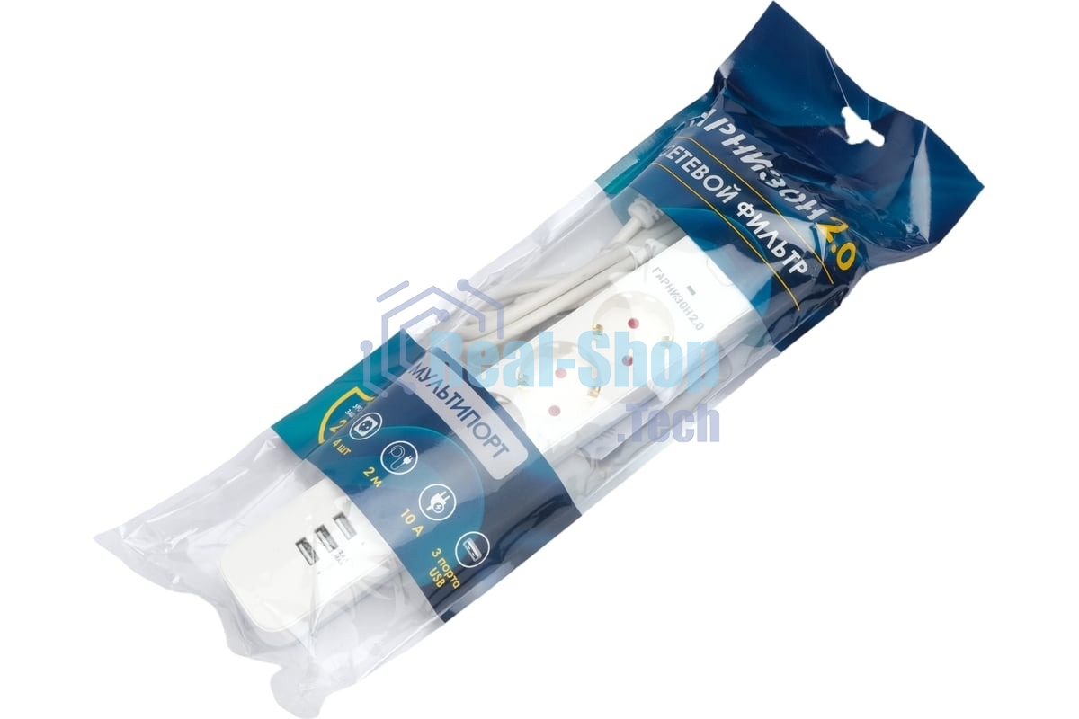 Сетевой фильтр Гарнизон 2.0 Мультипорт EPS-4-U3-W-2, 4 р, 10А, 3xUSB, 2 м, ур.защиты 2+, белый, пакет