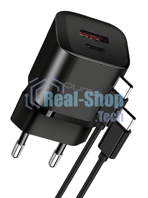 Сетевое зарядное устройство Qumo Energy PD 20Вт (модель 0109), Type-C PD + USB-A QC3.0,+ кабель 1м. Type-C на Type-C, черный
