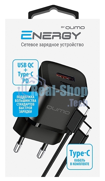 Сетевое зарядное устройство Qumo Energy PD 20Вт (модель 0109), Type-C PD + USB-A QC3.0,+ кабель 1м. Type-C на Type-C, черный