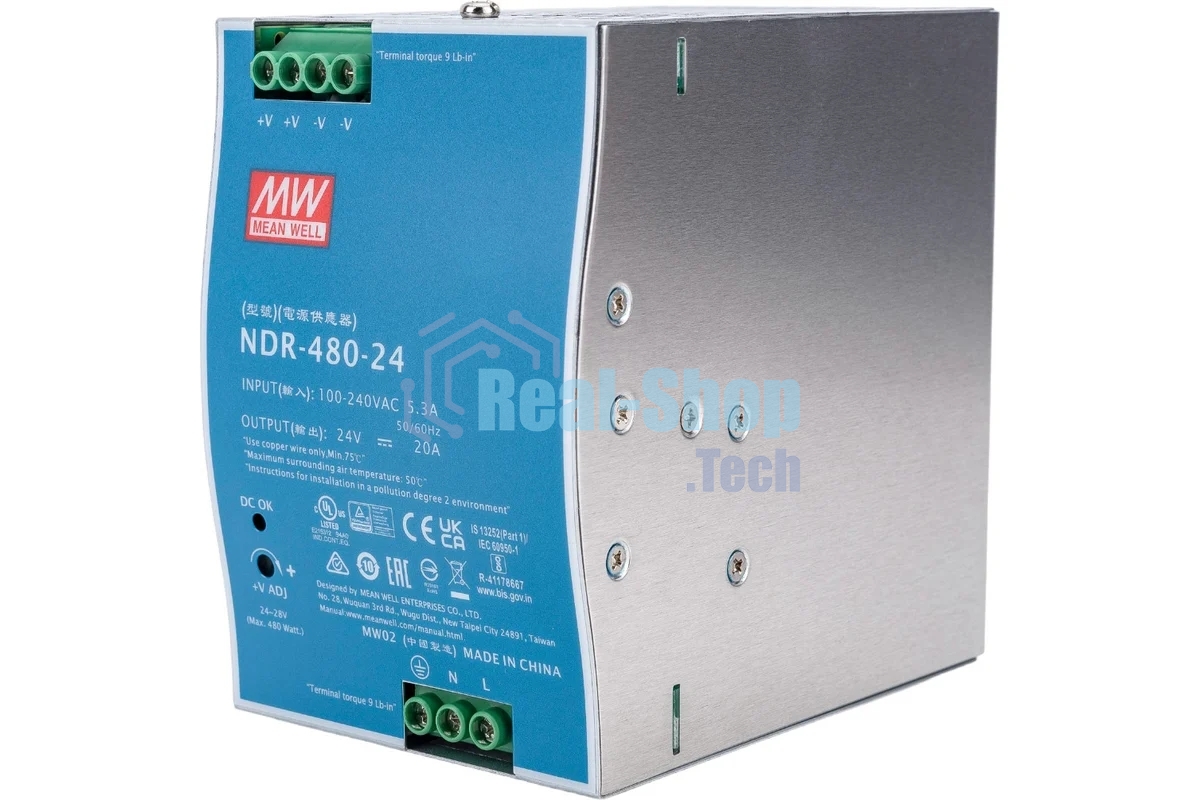 Блок питания AC-DC, 480Вт, вход 90-264V AC, 47-63Гц,127-370В DC, выход 24В,20A, рег. вых 24-28В, в кожухе на DIN-рейку