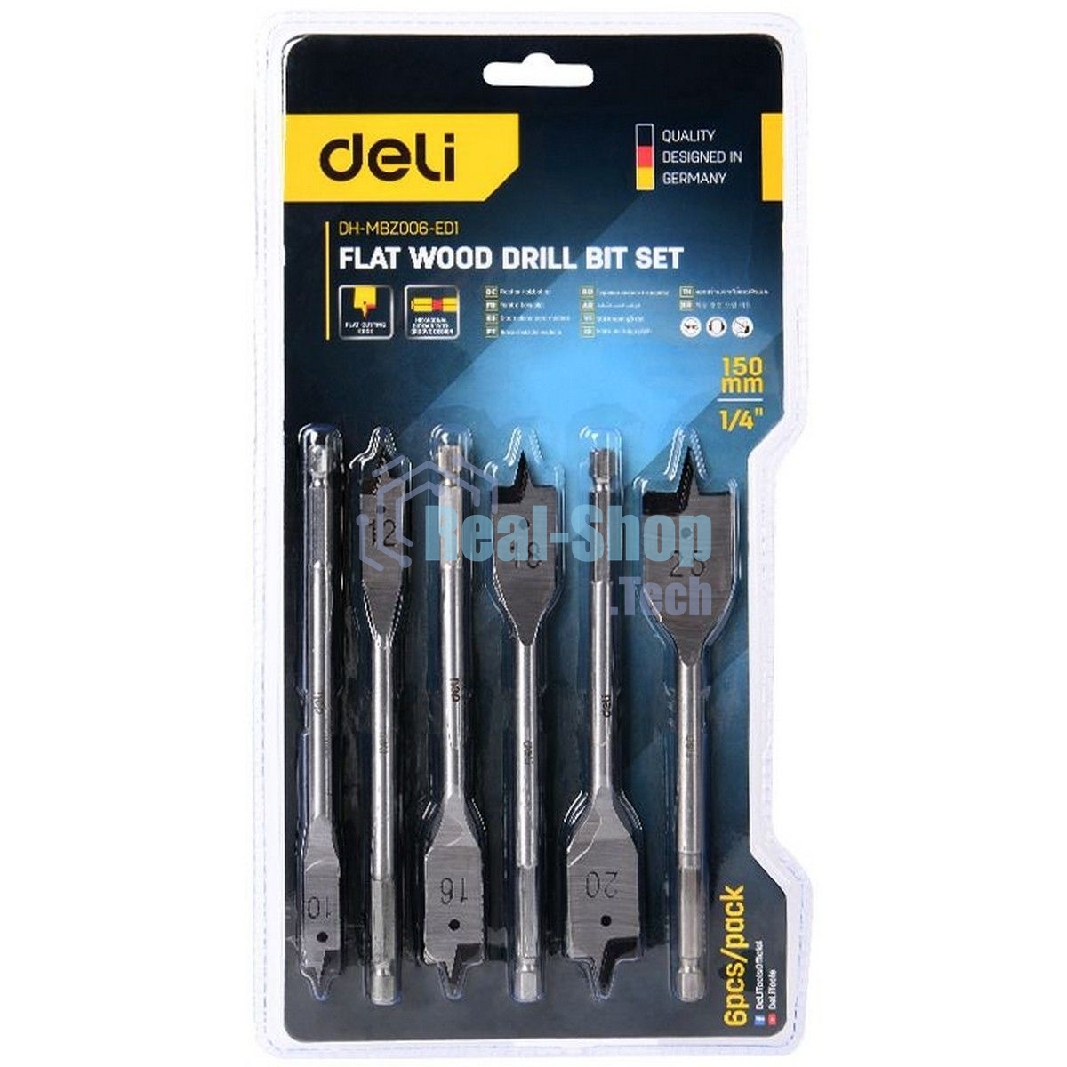 Набор перовых сверл по дереву 6 шт (10/12/16/18/20/25мм) Deli DH-MBZ006-ED1 длина 150мм, 1/4