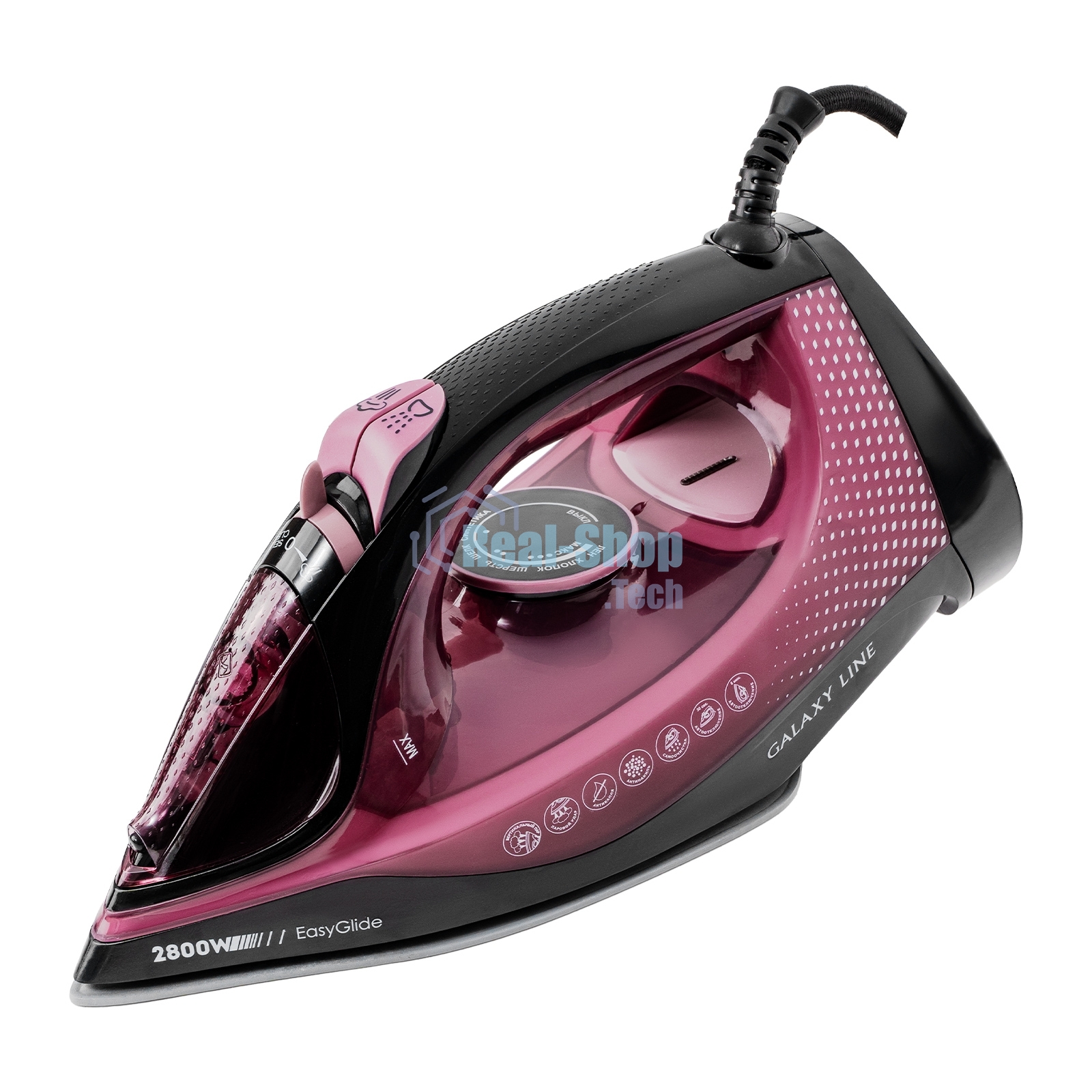 Утюг Galaxy Line GL 6132, розовый с черным, паровой, 2800 Вт, керамическое покрытие EasyGlide, функции: самоочистка, антикапля, антинакипь, указатель максимального уровня воды, индикатор нагрева, вертикальное отпаривание, паровой удар, регулировка подачи 