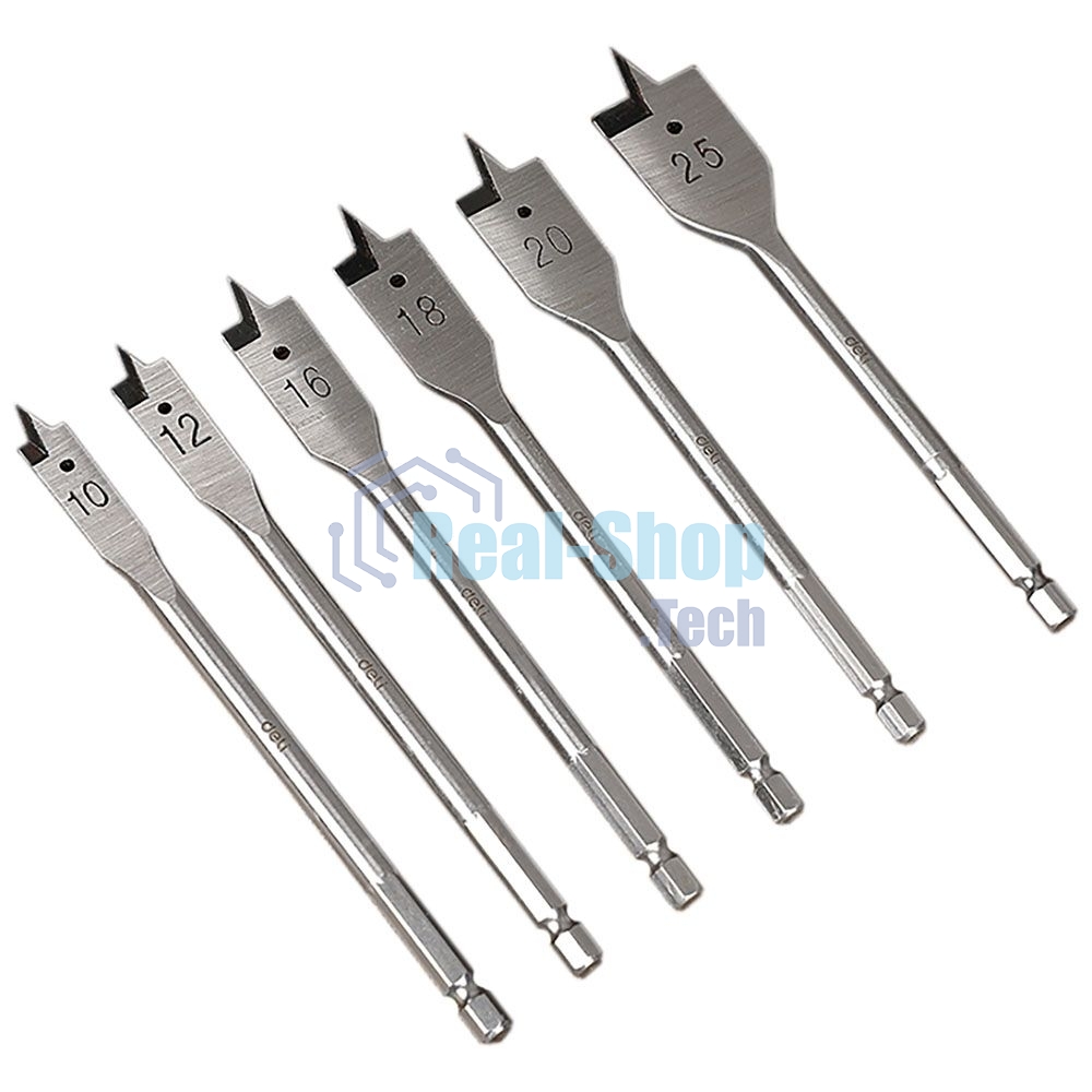 Набор перовых сверл по дереву 6 шт (10/12/16/18/20/25мм) Deli DH-MBZ006-ED1 длина 150мм, 1/4