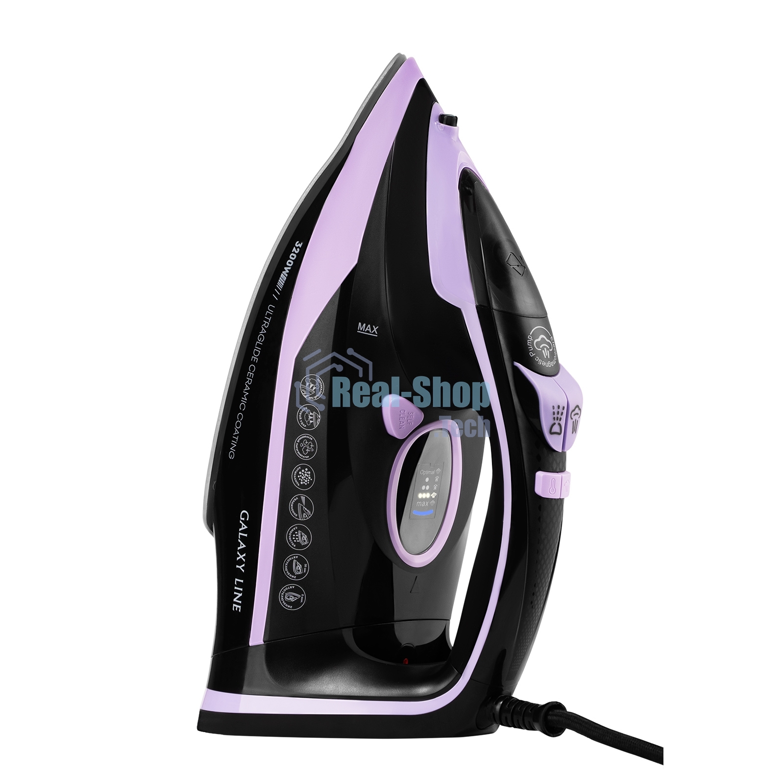 Утюг Galaxy Line GL 6135, черный с лиловым, паровой с помпой, 3200 Вт, постоянный пар 90 г/мин, паровой удар 260 г/мин, функции: самоочистка, антинакипь, автоотключение, вертикальное отпаривание, LED-дисплей, встроеный парогенератор, защита от перегрева, 