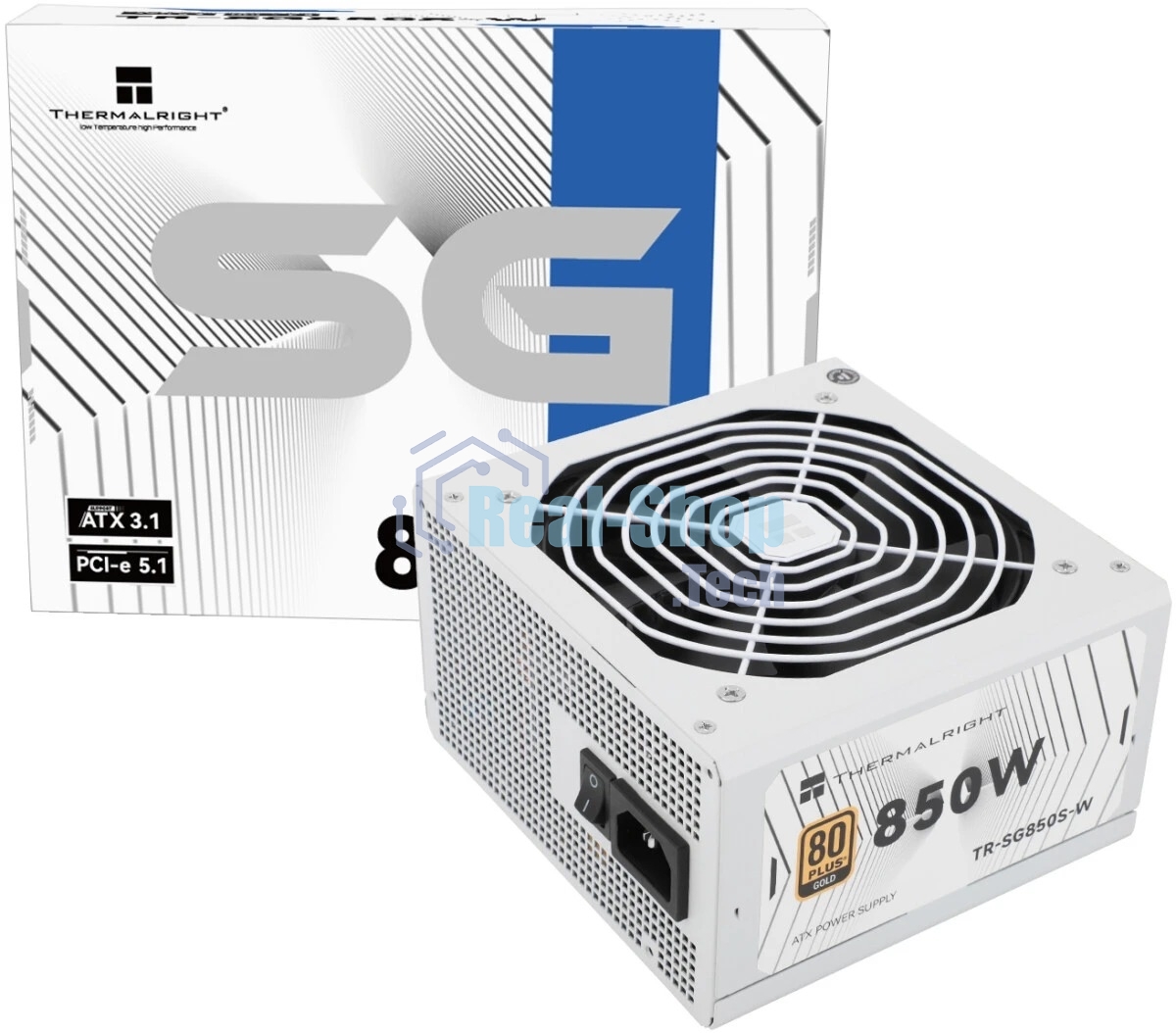 Блок питания Thermalright, 850W 80+ Gold (ATX, 3.1, PCIe 5.1, Non-modular, 1x24(20+4)pin, 1xCPU 8(4+4)pin, 2xPCIe*2 8(6+2)pin, 5xSATA3, 1x12+4pin (12VHPWR PCIe 5.1 12+4pin 600mm), 3xMOLEX4pin, Active, 120x120мм, 150x140x86mm, APFC, white)