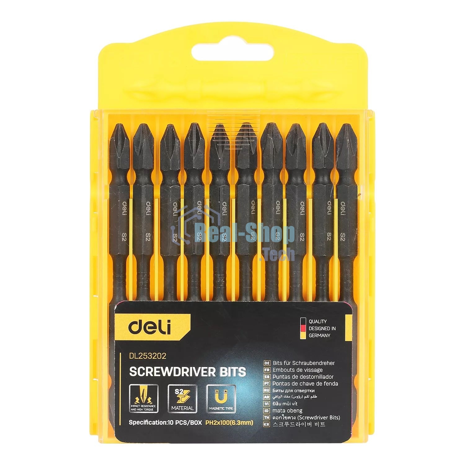 Набор двухсторонних торсионных бит для ударных шуруповертов 10 шт Deli DL253202 PH2x100мм, сталь S2, пласт.кейс